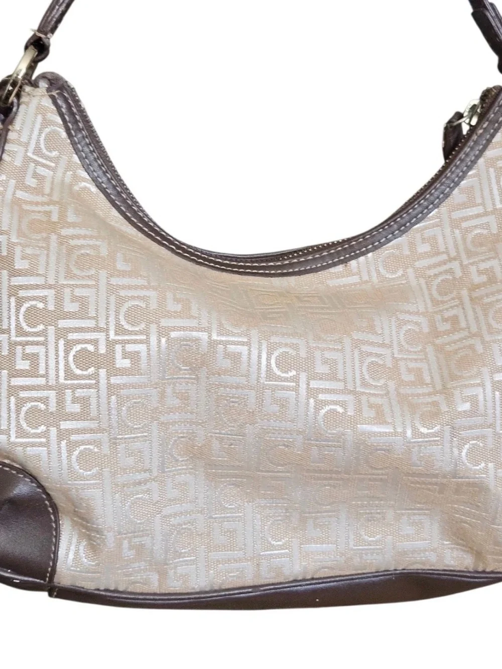 Liz Claiborne Beige Monogram Shoulder Bag with Brown Trim